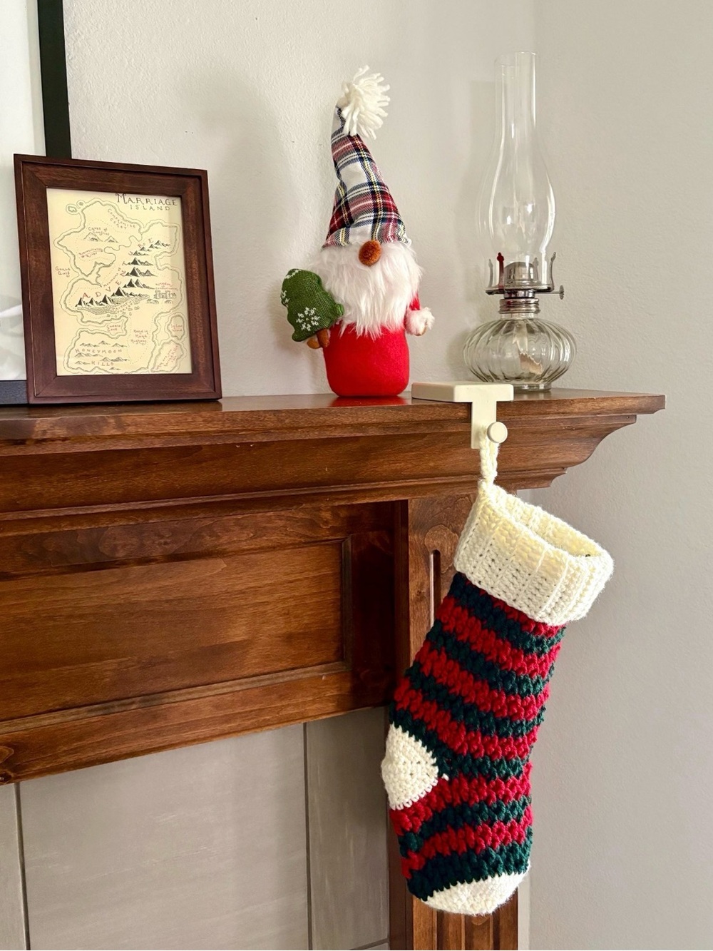 Crochet Red, Green & Cream Striped Christmas Holiday Stocking